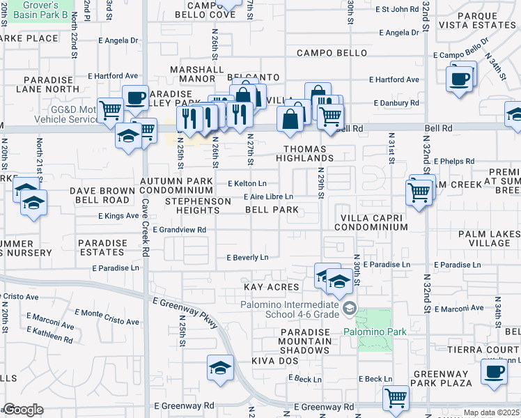 map of restaurants, bars, coffee shops, grocery stores, and more near 16418 North 28th Street in Phoenix
