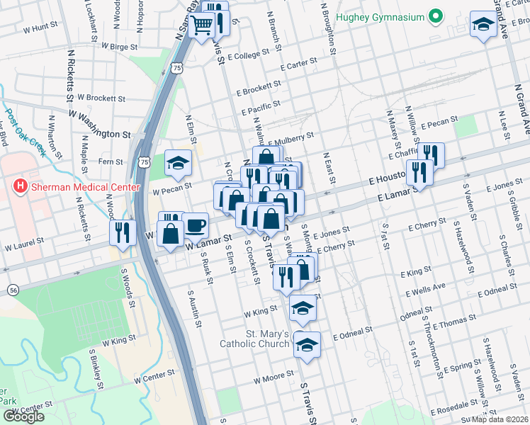 map of restaurants, bars, coffee shops, grocery stores, and more near 123 South Travis Street in Sherman