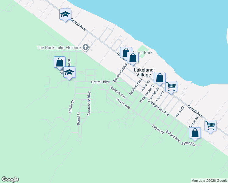 map of restaurants, bars, coffee shops, grocery stores, and more near 17625 Bobrick Avenue in Lake Elsinore