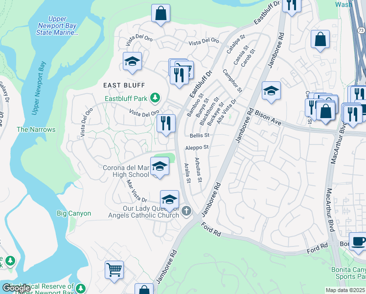 map of restaurants, bars, coffee shops, grocery stores, and more near 700 Aleppo Street in Newport Beach