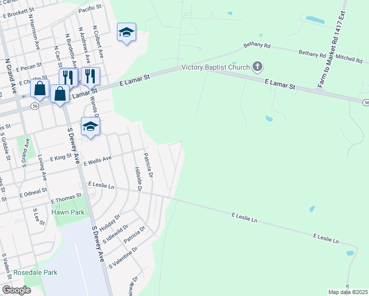 map of restaurants, bars, coffee shops, grocery stores, and more near 729 South Valentine Drive in Sherman