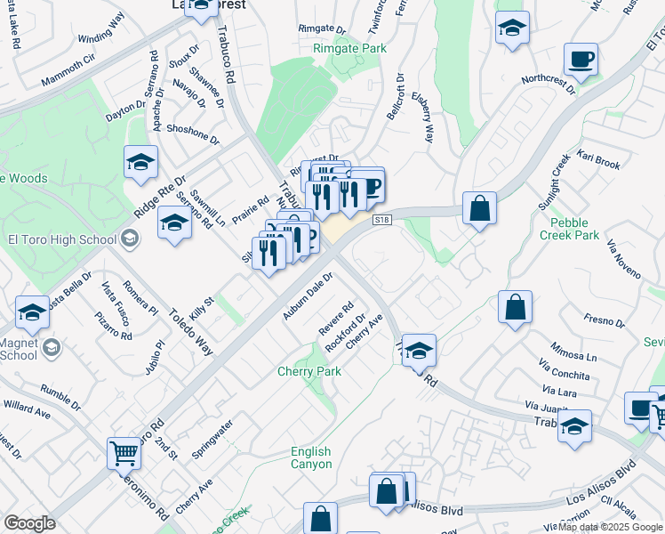 map of restaurants, bars, coffee shops, grocery stores, and more near 25801 Chapel Hill Drive in Lake Forest