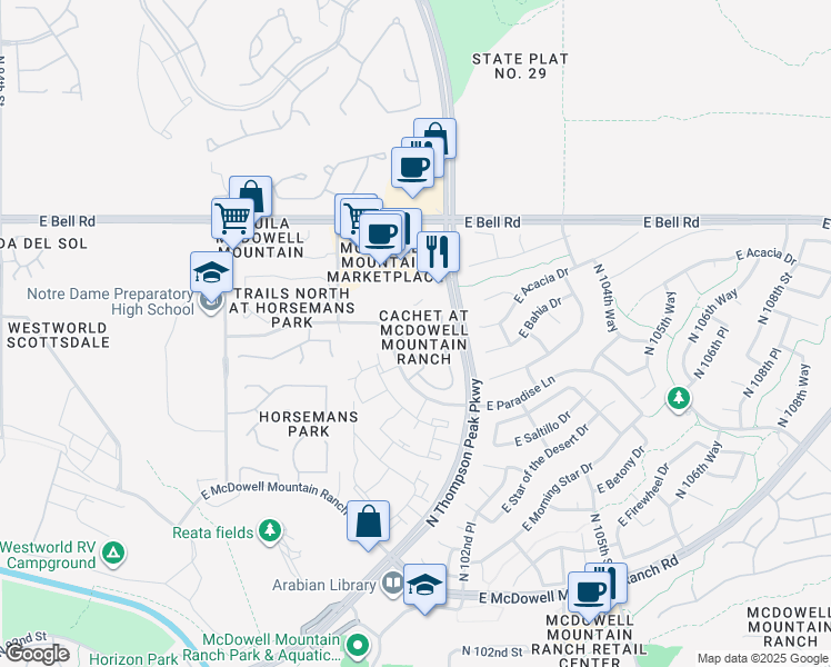 map of restaurants, bars, coffee shops, grocery stores, and more near 16420 North Thompson Peak Parkway in Scottsdale