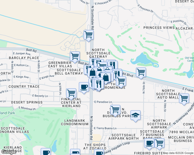 map of restaurants, bars, coffee shops, grocery stores, and more near 16435 North Scottsdale Road in Scottsdale