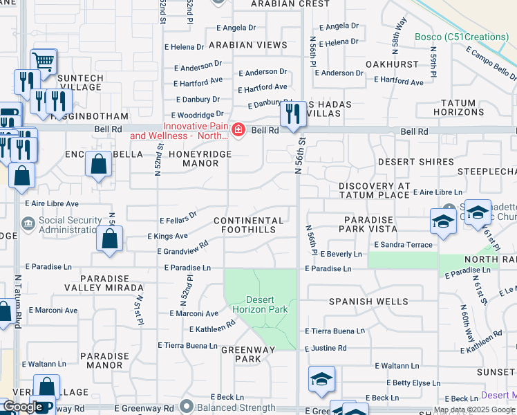map of restaurants, bars, coffee shops, grocery stores, and more near 5449 East Kings Avenue in Scottsdale