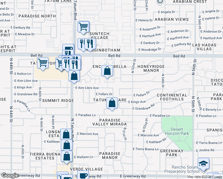 map of restaurants, bars, coffee shops, grocery stores, and more near 4976 East Fellars Drive in Scottsdale