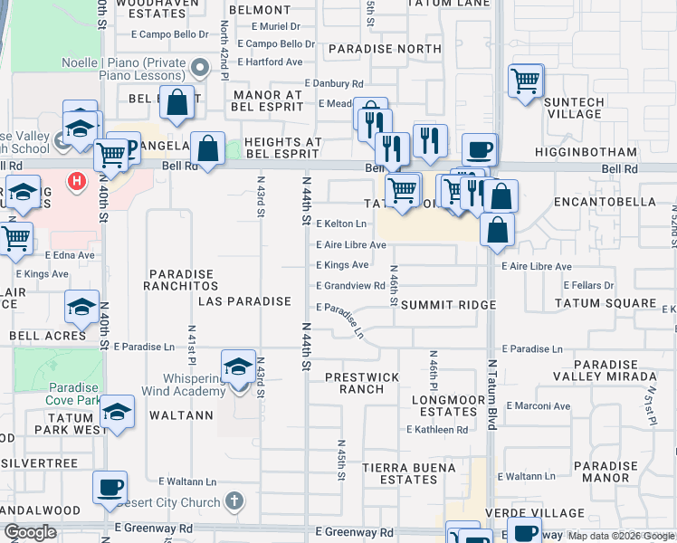 map of restaurants, bars, coffee shops, grocery stores, and more near 4418 East Grandview Road in Phoenix