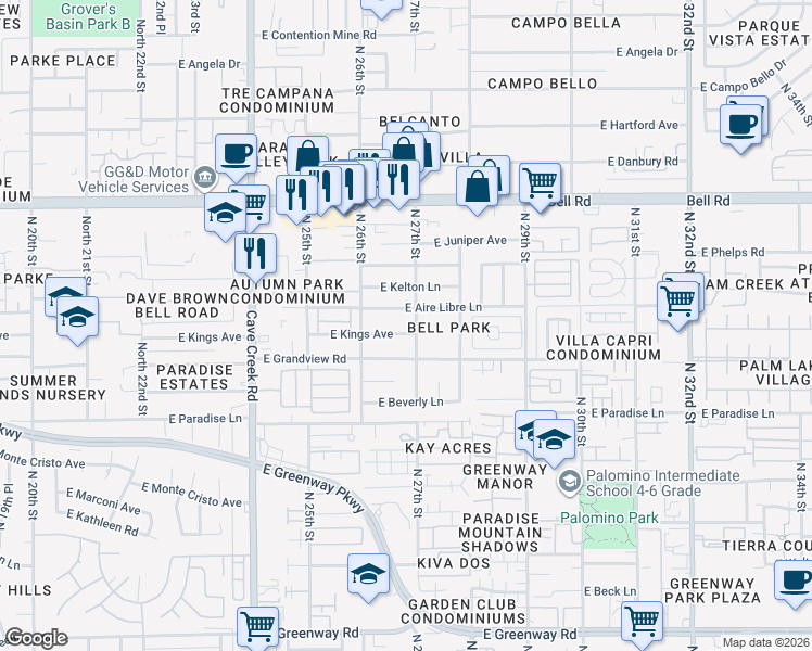 map of restaurants, bars, coffee shops, grocery stores, and more near 2645 East Kings Avenue in Phoenix