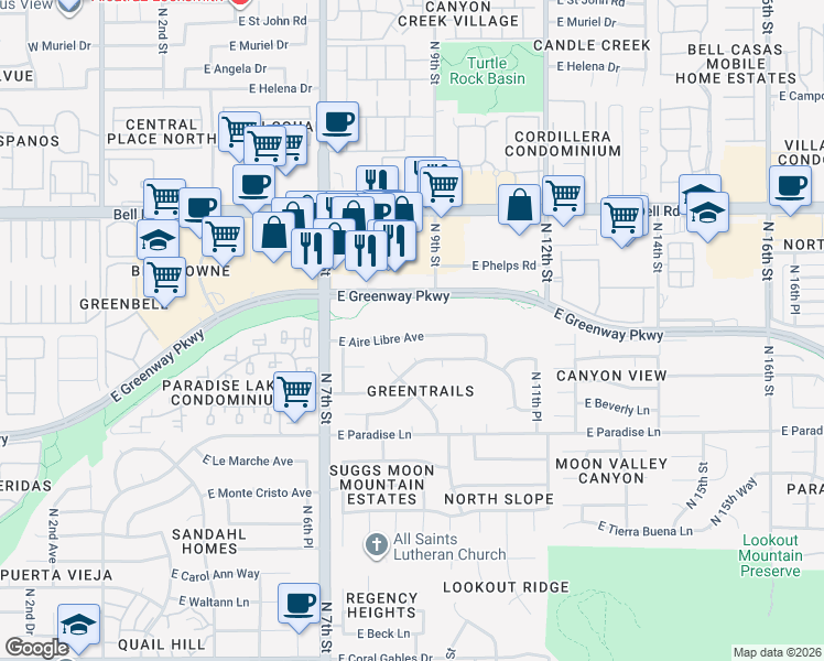 map of restaurants, bars, coffee shops, grocery stores, and more near 915 East Aire Libre Avenue in Phoenix