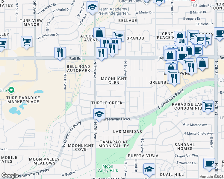 map of restaurants, bars, coffee shops, grocery stores, and more near 409 West Fellars Drive in Phoenix