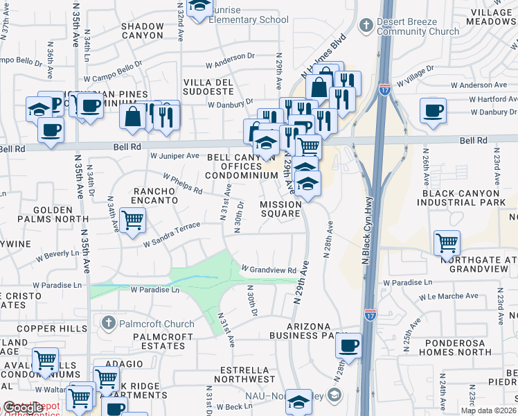 map of restaurants, bars, coffee shops, grocery stores, and more near 3009 West Kelton Lane in Phoenix