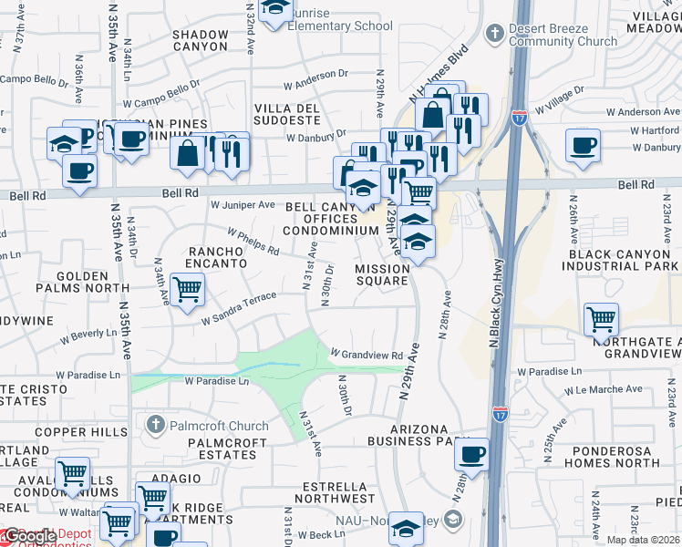 map of restaurants, bars, coffee shops, grocery stores, and more near 3009 West Kelton Lane in Phoenix