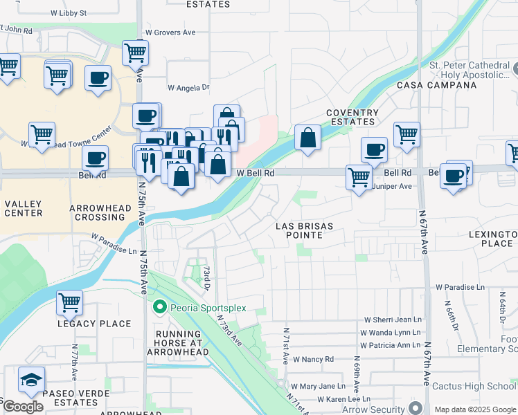 map of restaurants, bars, coffee shops, grocery stores, and more near 7100 West Grandview Road in Peoria