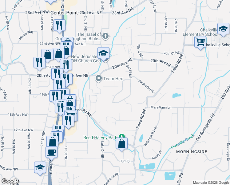 map of restaurants, bars, coffee shops, grocery stores, and more near 1809 Mara Drive Northeast in Center Point