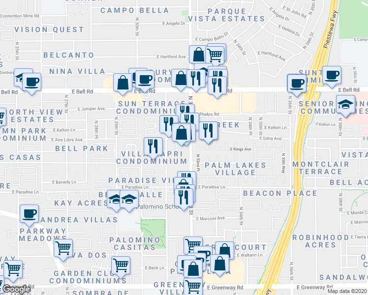 map of restaurants, bars, coffee shops, grocery stores, and more near 16428 N 32nd St in Paradise Valley