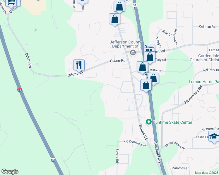 map of restaurants, bars, coffee shops, grocery stores, and more near 319 Iris Drive in Gardendale
