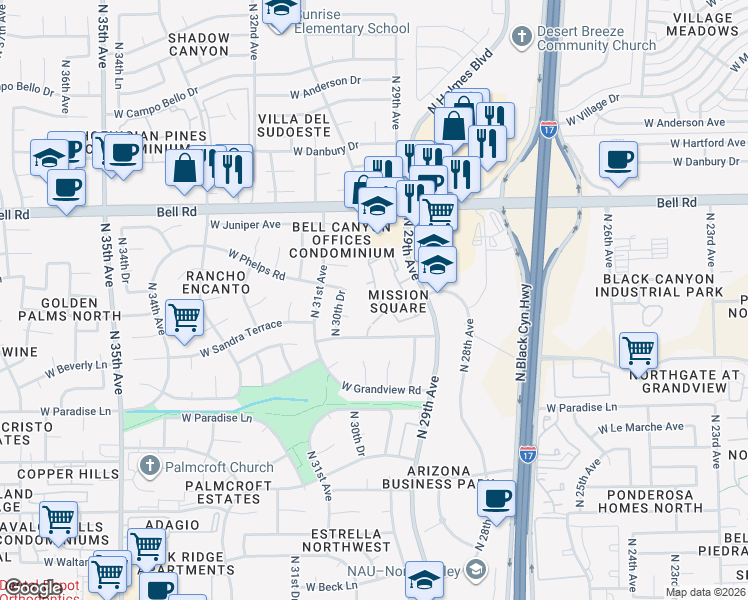 map of restaurants, bars, coffee shops, grocery stores, and more near 3009 West Kelton Lane in Phoenix