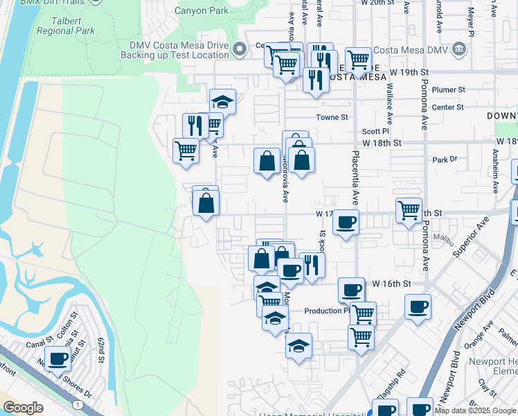 map of restaurants, bars, coffee shops, grocery stores, and more near 928 West 17th Street in Costa Mesa