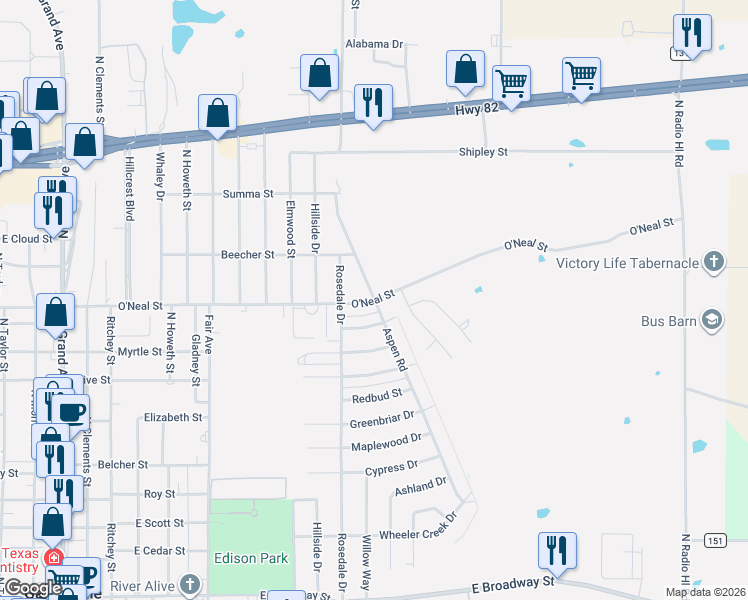map of restaurants, bars, coffee shops, grocery stores, and more near 1104 Aspen Road in Gainesville