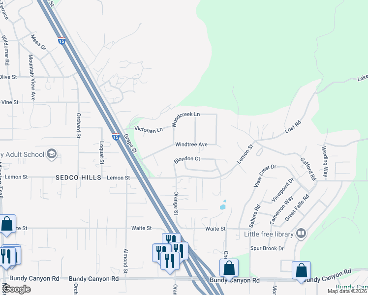 map of restaurants, bars, coffee shops, grocery stores, and more near 22041 Windtree Avenue in Wildomar