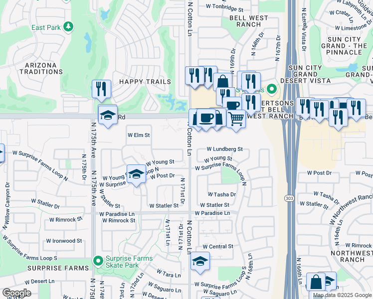 map of restaurants, bars, coffee shops, grocery stores, and more near 16632 North 170th Lane in Surprise