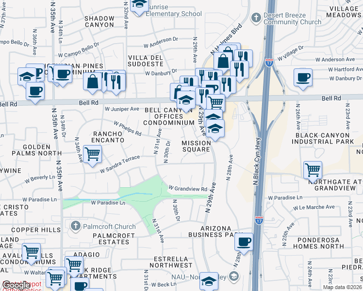map of restaurants, bars, coffee shops, grocery stores, and more near 3009 West Kelton Lane in Phoenix
