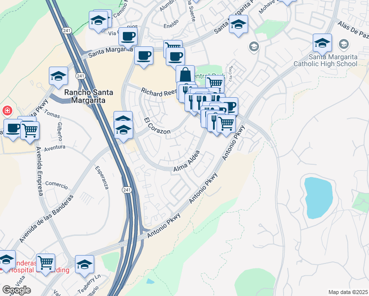 map of restaurants, bars, coffee shops, grocery stores, and more near 111 Calle De Los Ninos in Rancho Santa Margarita