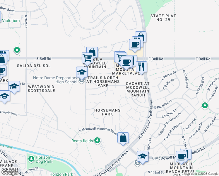 map of restaurants, bars, coffee shops, grocery stores, and more near 9948 East Bahia Drive in Scottsdale
