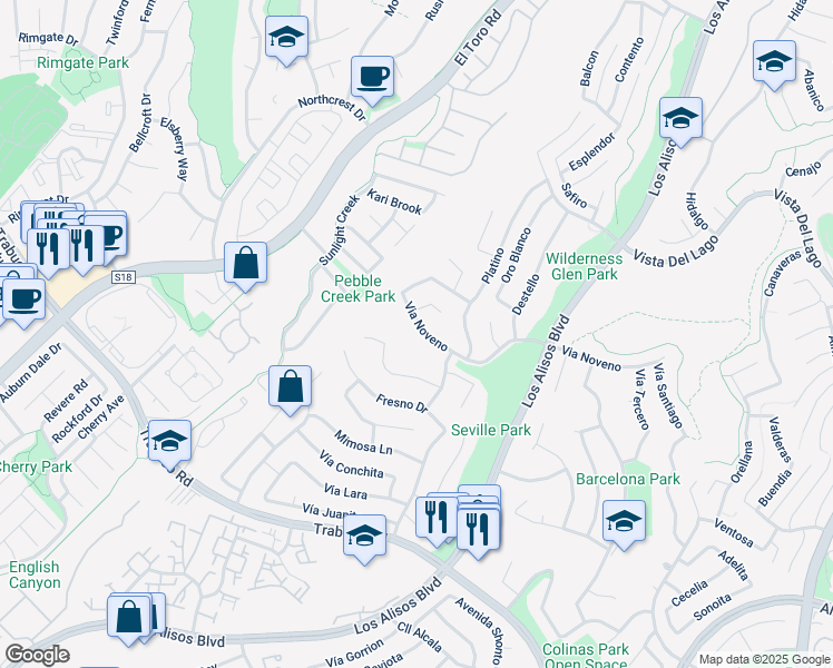 map of restaurants, bars, coffee shops, grocery stores, and more near 26602 Via Noveno in Mission Viejo