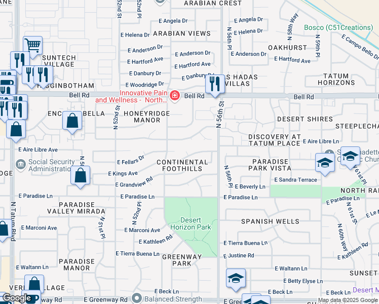 map of restaurants, bars, coffee shops, grocery stores, and more near 5449 East Kings Avenue in Scottsdale