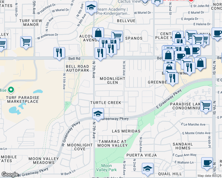 map of restaurants, bars, coffee shops, grocery stores, and more near 409 West Fellars Drive in Phoenix