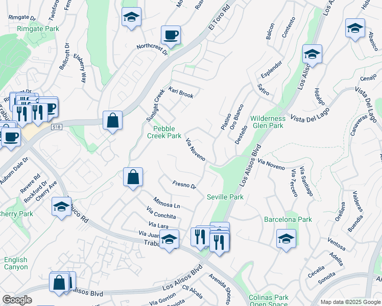 map of restaurants, bars, coffee shops, grocery stores, and more near 26602 Via Noveno in Mission Viejo