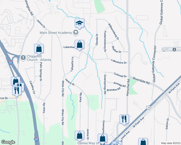 map of restaurants, bars, coffee shops, grocery stores, and more near 2751 Colonial Drive in College Park