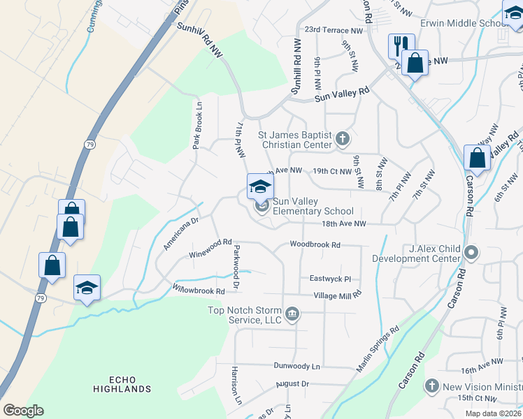 map of restaurants, bars, coffee shops, grocery stores, and more near 1010 18th Avenue Northwest in Birmingham