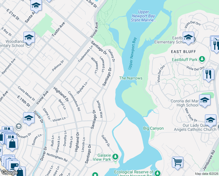 map of restaurants, bars, coffee shops, grocery stores, and more near 1734 Santiago Drive in Newport Beach