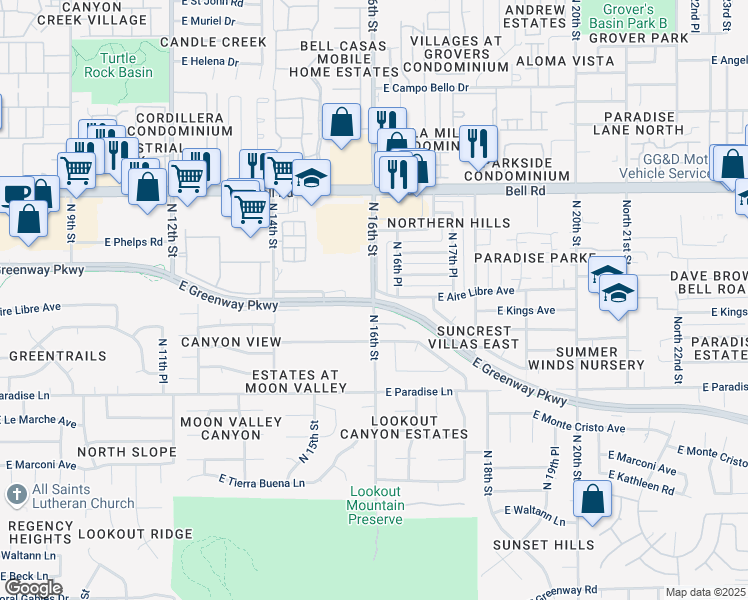 map of restaurants, bars, coffee shops, grocery stores, and more near E Greenway Pkwy & N 16th St in Phoenix