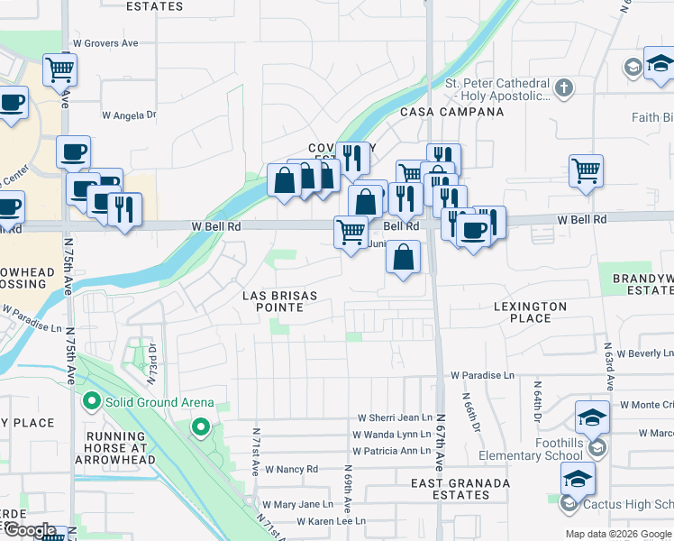 map of restaurants, bars, coffee shops, grocery stores, and more near 6911 West Phelps Road in Peoria