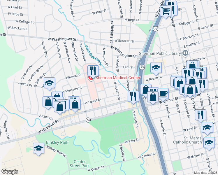 map of restaurants, bars, coffee shops, grocery stores, and more near 913 West Laurel Street in Sherman