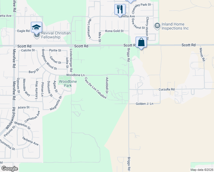 map of restaurants, bars, coffee shops, grocery stores, and more near Aduddell Drive in Menifee