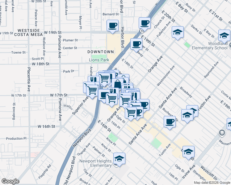 map of restaurants, bars, coffee shops, grocery stores, and more near 170 East 17th Street in Costa Mesa