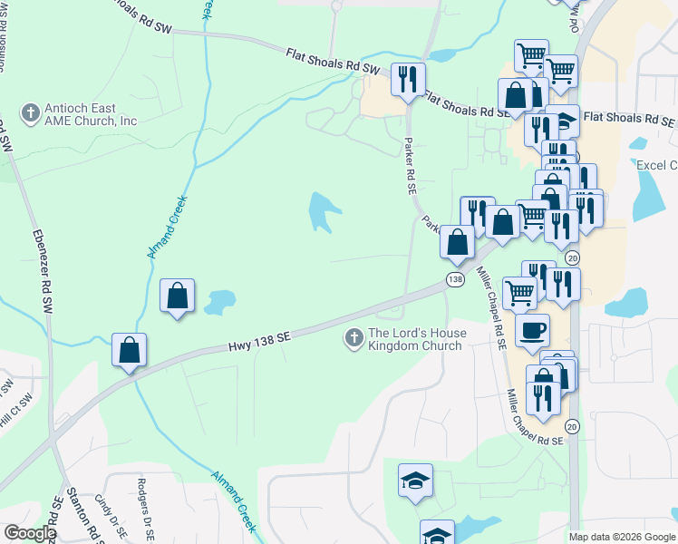 map of restaurants, bars, coffee shops, grocery stores, and more near 1161 Highway 138 Southeast in Conyers