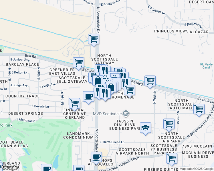 map of restaurants, bars, coffee shops, grocery stores, and more near 16435 North Scottsdale Road in Scottsdale