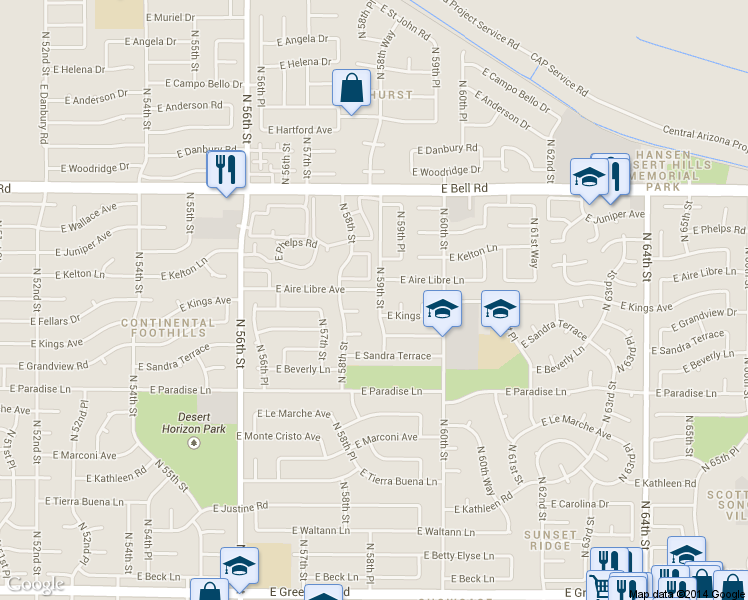 map of restaurants, bars, coffee shops, grocery stores, and more near 16435 North 59th Street in Scottsdale