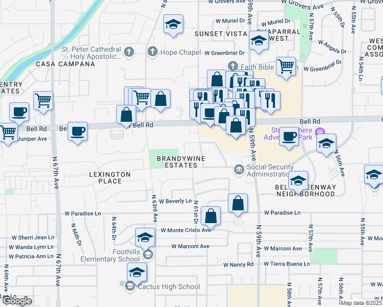 map of restaurants, bars, coffee shops, grocery stores, and more near 16436 North 61st Avenue in Glendale