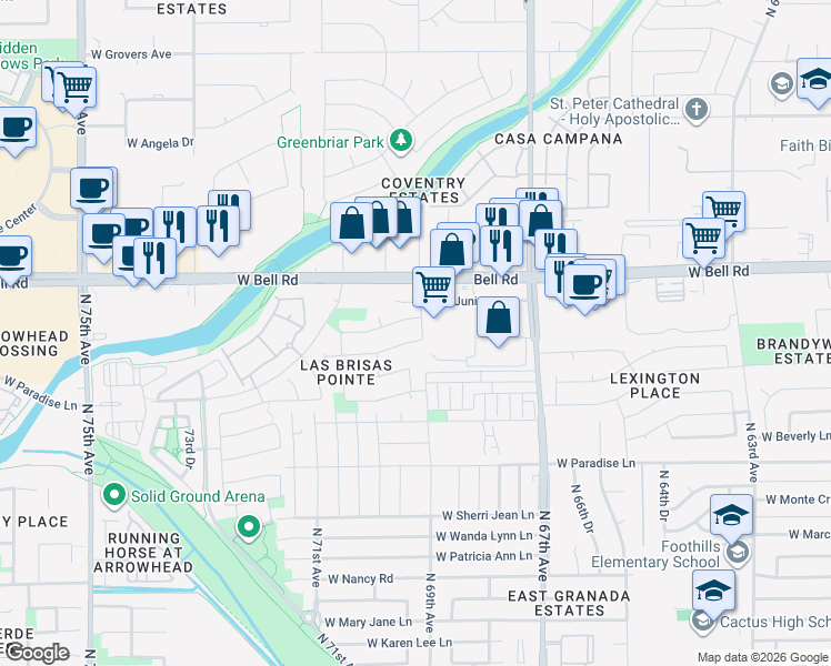 map of restaurants, bars, coffee shops, grocery stores, and more near 6911 West Phelps Road in Peoria