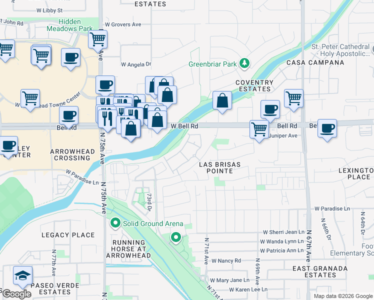 map of restaurants, bars, coffee shops, grocery stores, and more near 7100 West Grandview Road in Peoria