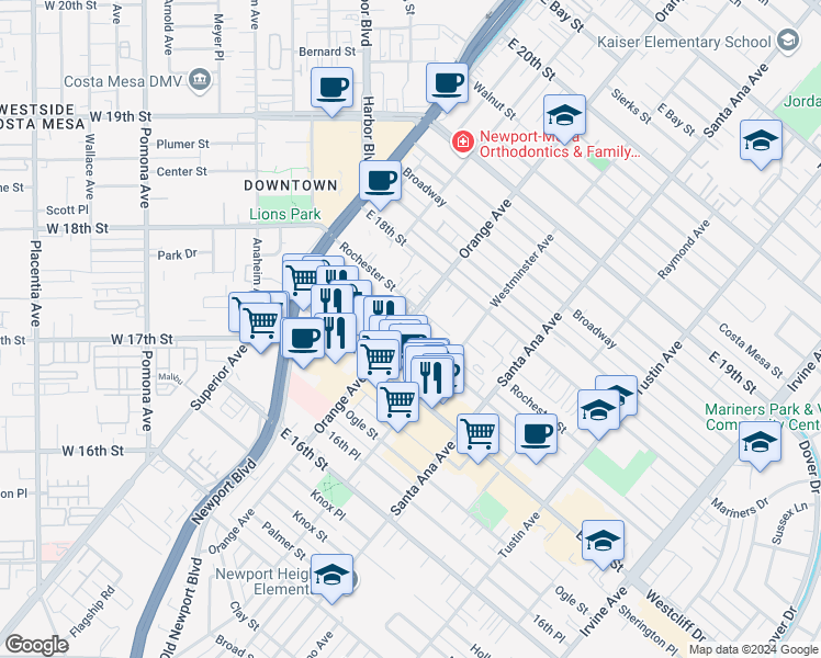 map of restaurants, bars, coffee shops, grocery stores, and more near 1720 Orange Avenue in Costa Mesa