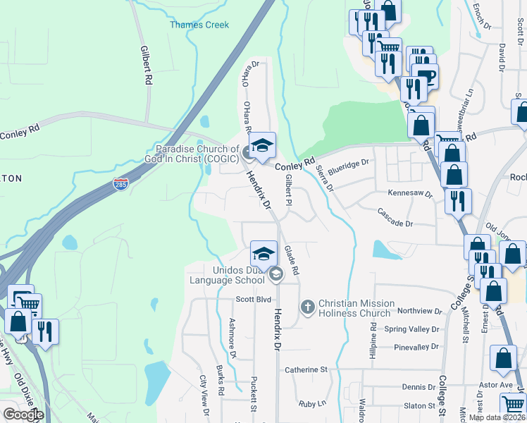 map of restaurants, bars, coffee shops, grocery stores, and more near 547 Springwood Drive in Forest Park