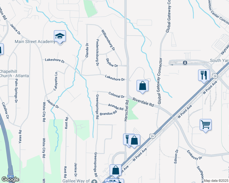 map of restaurants, bars, coffee shops, grocery stores, and more near 2609 Colonial Drive in College Park