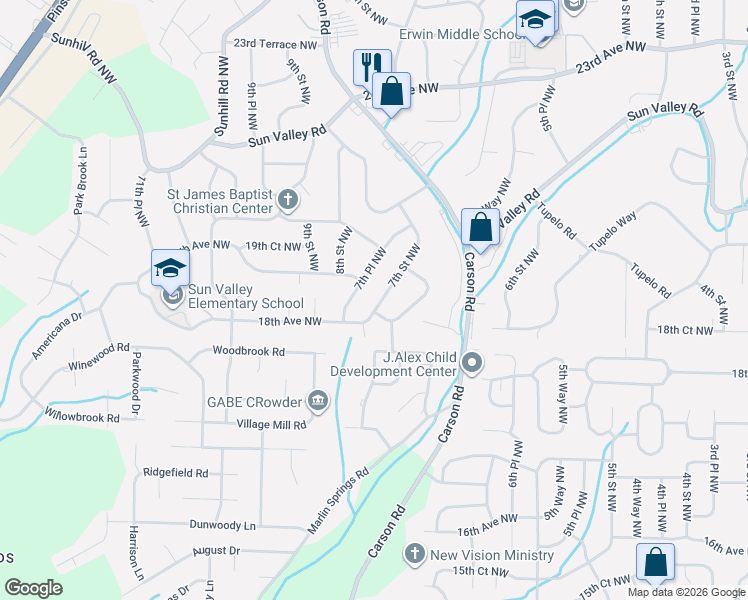 map of restaurants, bars, coffee shops, grocery stores, and more near 1800 7th Street Northwest in Center Point
